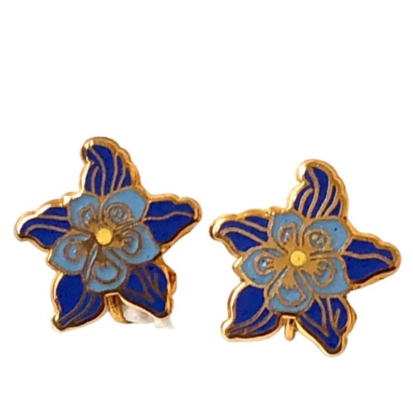 MMA Metropolitan Museum Art Blue Enamel Flower Clip-on Earrings Goldplate - Picture 8 of 11